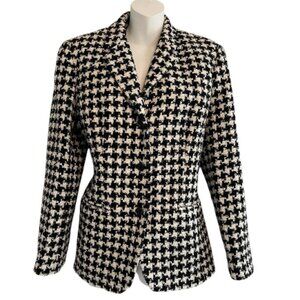 Vintage Liz Claiborne Black & White Houndstooth Plaid Wool Blend Blazer Petite L